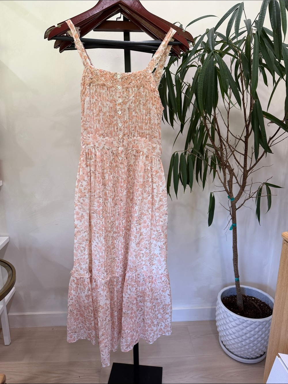 Loveshack Fancy Smocked Floral Pink Maxi Dress with Buttons